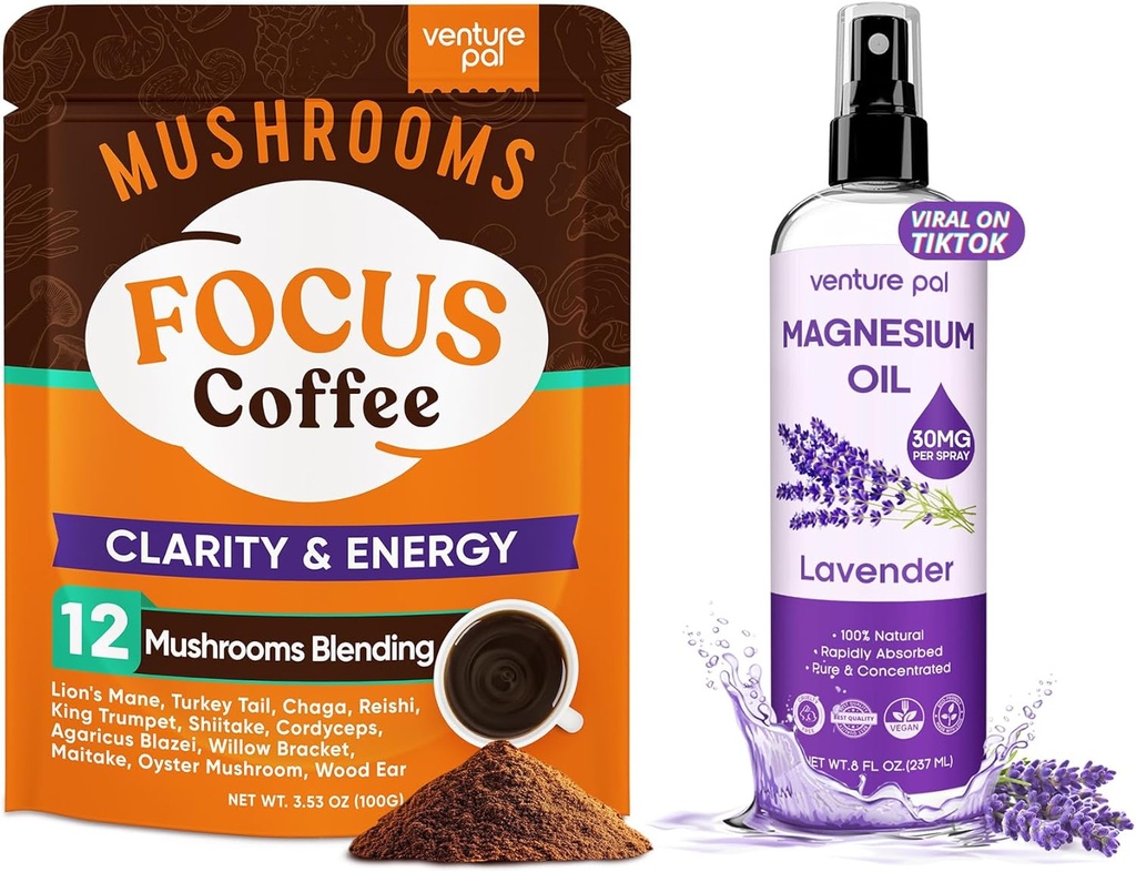 Venture Pal Mushroom Coffee & Magnesium Oil Spray Bundle: 12 in 1 Coffee with Ashwagandha for Focus & Immunity + Μαγνήσιο Oil Spray με Λεβάντα για τον Ύπνο & την ανακούφιση των μυών - 40 Servings & 8 oz