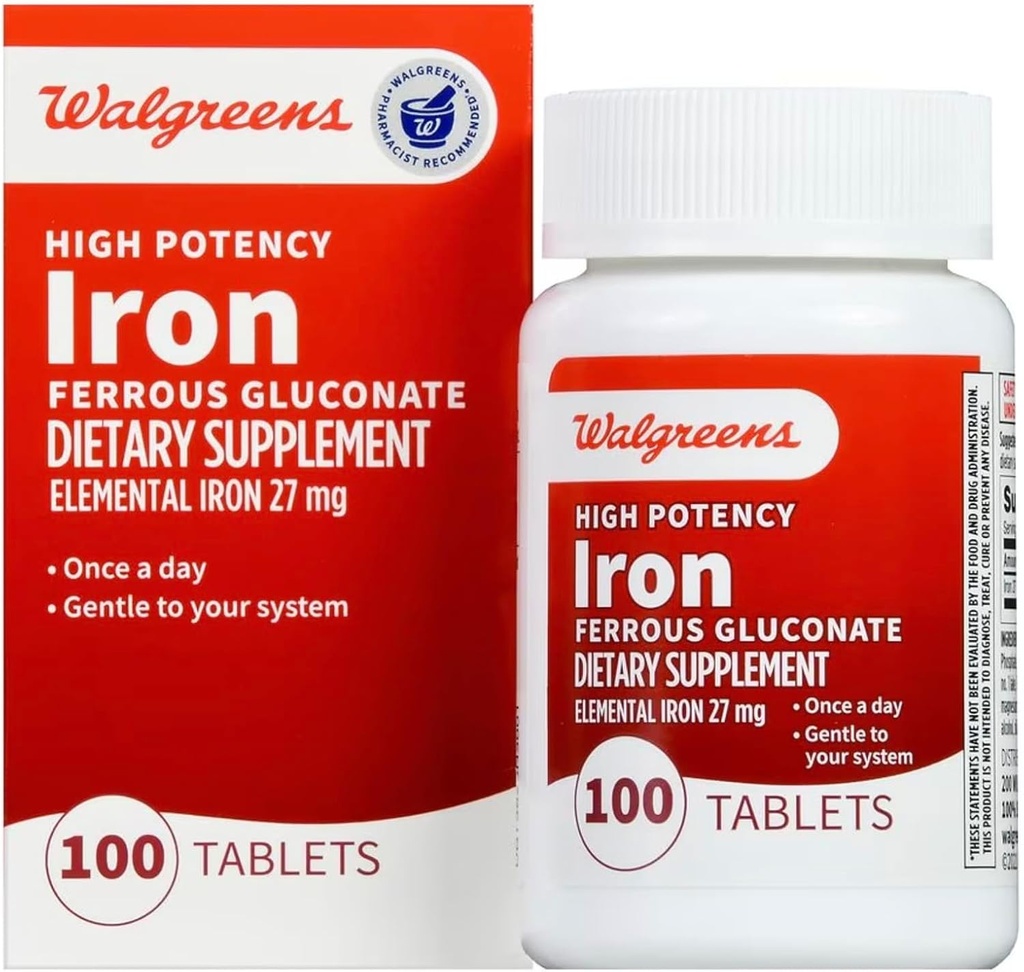 Walgreens Υψηλή ισχύς σιδήρου Ferrous Gluconate 27mg, δισκία, 100 ea