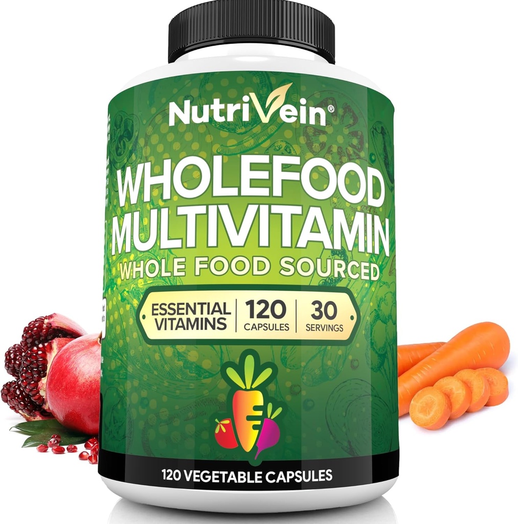 Nutrivein Ολόκληρα τρόφιμα Πολυβιταμίνη για άνδρες και γυναίκες – 120 Vegan Multivitamin Caps για ενήλικες – Καθημερινή ενέργεια, ανοσοποιητική & καρδιακή υποστήριξη – Ακατέργαστα φρούτα & λαχανικά Blend + Β Βιταμίνες - Δεν προορίζονται για παιδιά
