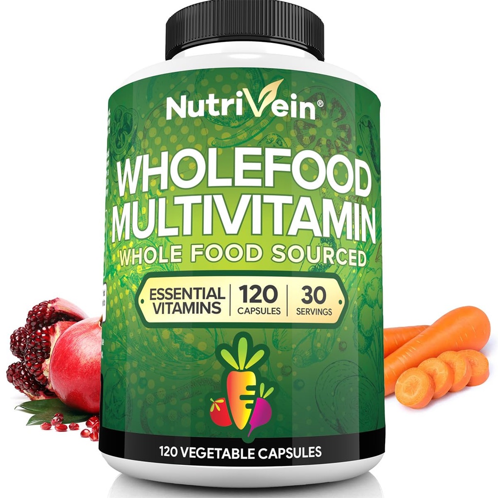 Nutrivein Ολόκληρα τρόφιμα Πολυβιταμίνη για άνδρες και γυναίκες – 120 Vegan Multivitamin Caps για ενήλικες – Καθημερινή ενέργεια, ανοσοποιητική & καρδιακή υποστήριξη – Ακατέργαστα φρούτα & λαχανικά Blend + Β Βιταμίνες - Δεν προορίζονται για παιδιά