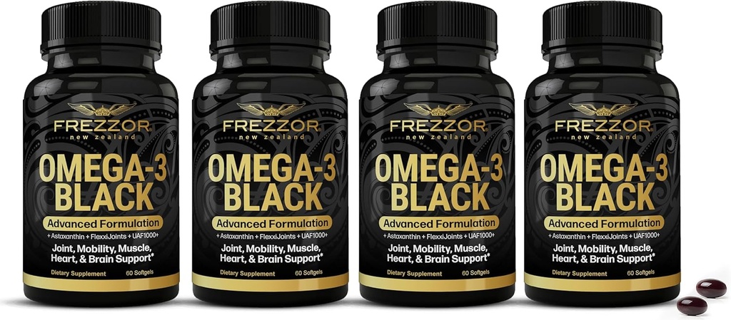 FREZZOR Omega 3 Black - Υψηλότερη δύναμη Πράσινες κάψουλες λαδιού, Made in New Zealand, UAF1000+, Φλεγμονή, Κοινή Φροντίδα & Ανακούφιση, Καρδιά & Ανοσοποιητική Υποστήριξη, 60 Count (Pack of 4)