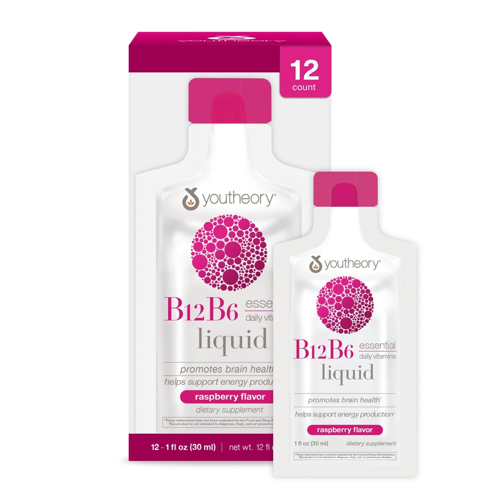 Youtheory Vitamin B12 B6, Καθημερινή ενέργεια και συμπλήρωμα υποστήριξης εγκεφάλου, Υγρή γεύση βατόμουρο, 12 – 1 ουγκιά ενιαία πακέτα υπηρεσιών