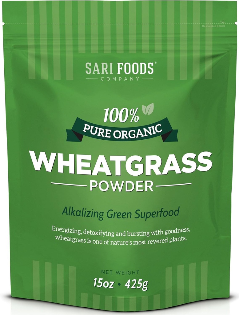 Sari Foods Βιολογική σκόνη wheatgrass - Σιτάρι χόρτο χυμό σκόνη με χλωροφύλλη, αντιοξειδωτικά & βιταμίνες (15 ουγγιά)