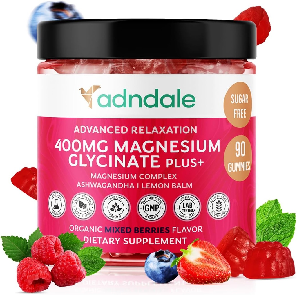 Adndale 90 CT Μαγνήσιο Γλυκινικό Gummys 400 mg/Serv με Ashwagandha, Μαγνήσιο Ελάτ & Taurate, Ζάχαρη Δωρεάν μάσημα για Ενήλικες & Παιδιά.