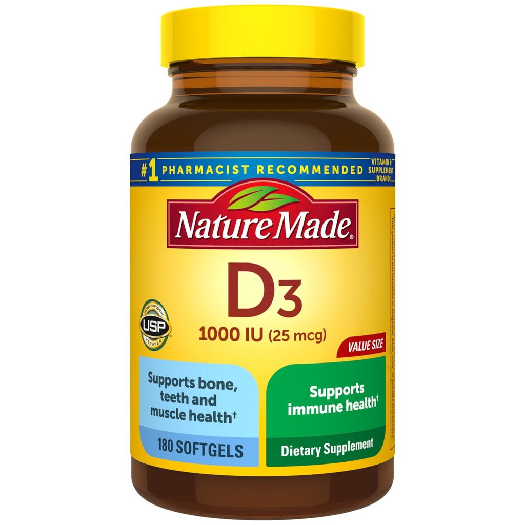 Nature Made Vitamin D3 1000 IU (25 mcg), Vitamin D συμπλήρωμα για τα οστά, δόντια, μυών και ανοσοποιητική υποστήριξη υγείας, 180 Softgels, 180 ημέρα προσφοράς