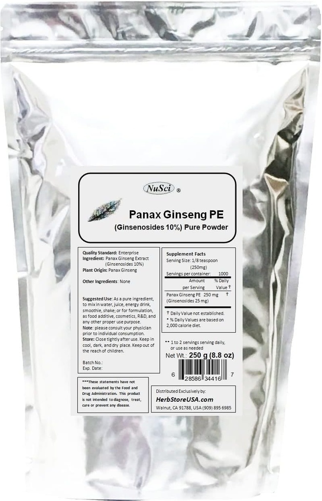Panax Ginseng Extract Powder, Standardized 10% Ginsenosides, Energy & Vitality (250 Grams (8,8 oz))