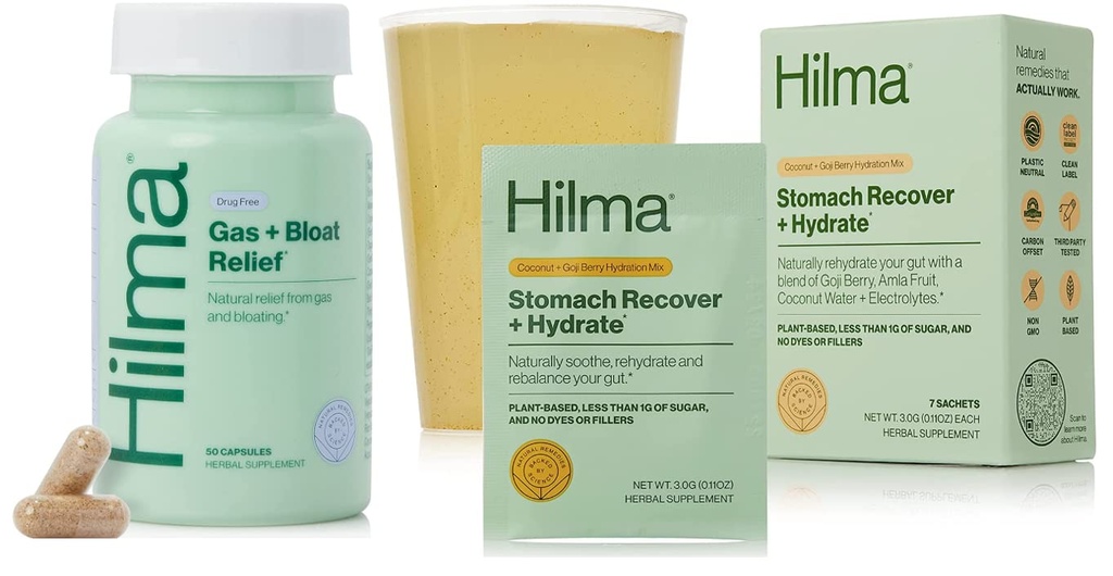 Hilma Natural Gas & Bloating Relief and Stomach Recover + Hydrate - Βιολογικά Ηλεκτρολυτικά Σκόνη με Προβιοτικά και Γαστροπροστατευτικά Βότανα Bundle