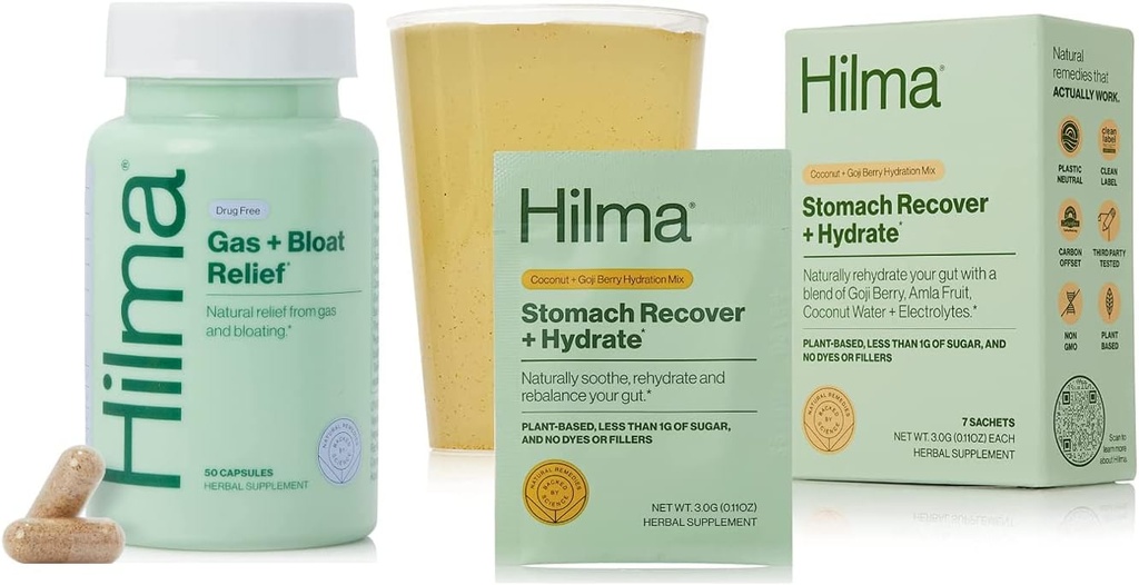 Hilma Natural Gas & Bloating Relief and Stomach Recover + Hydrate - Βιολογικά Ηλεκτρολυτικά Σκόνη με Προβιοτικά και Γαστροπροστατευτικά Βότανα Bundle