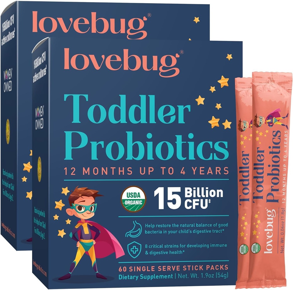 LOVEBUG Award Winning Probiotics | Constipation & Stomach Discomfort | Softer Bowel Movements | Easy-to-Take Powder | Ages 12 Months to 4 Years | 60 Packets