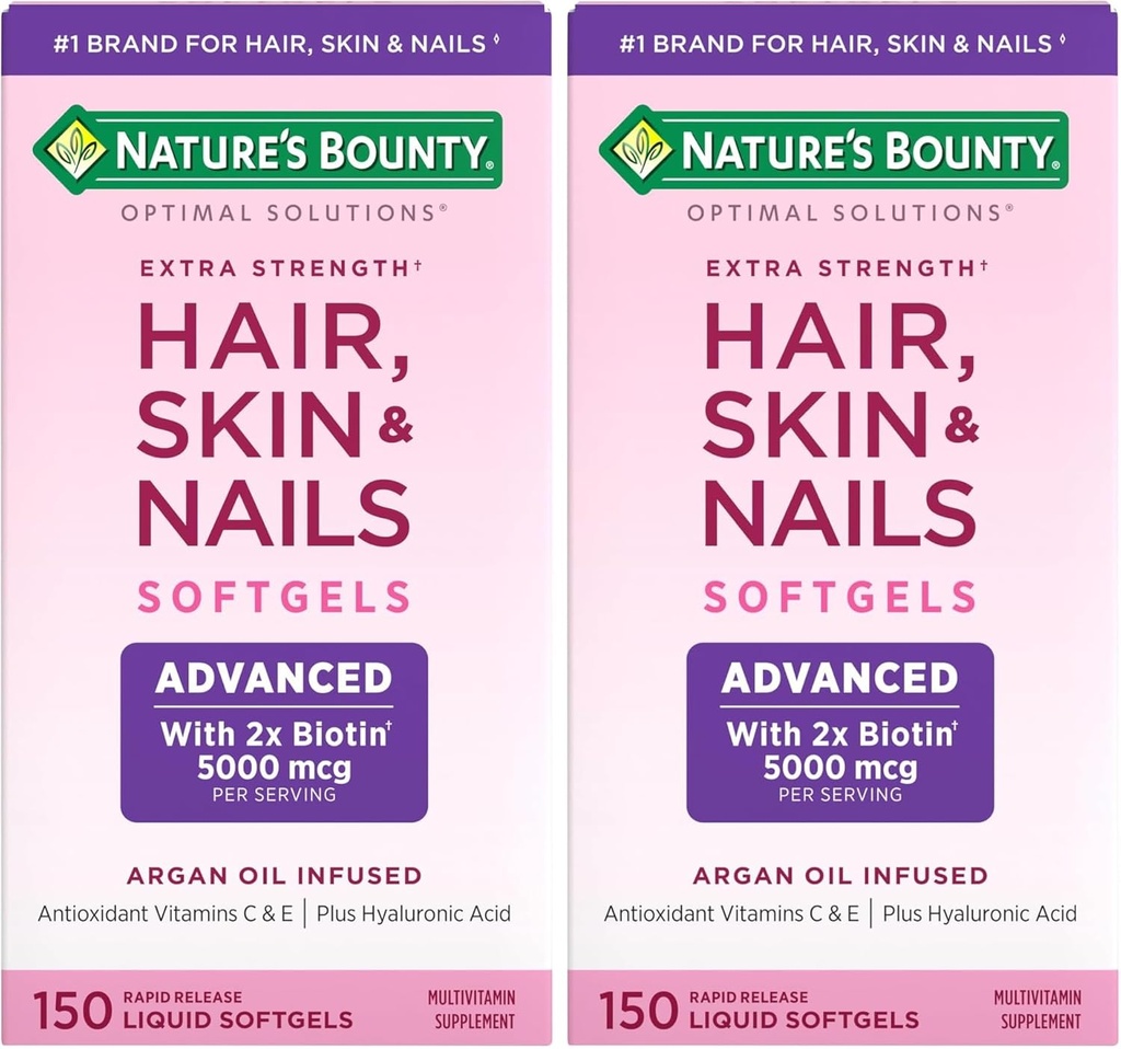 Nature's Bounty Advanced Hair, Skin & Nails, Argan-Infused Vitamin Supplement with Biotin and Hyaluronic Acid, 150 Rapid Release Softgels (Pack of 2)