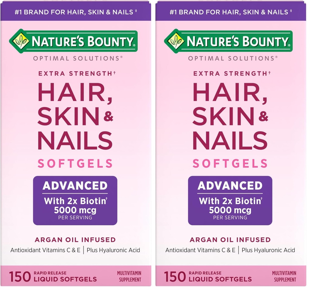 Nature's Bounty Advanced Hair, Skin & Nails, Argan-Infused Vitamin Supplement with Biotin and Hyaluronic Acid, 150 Rapid Release Softgels (Pack of 2)