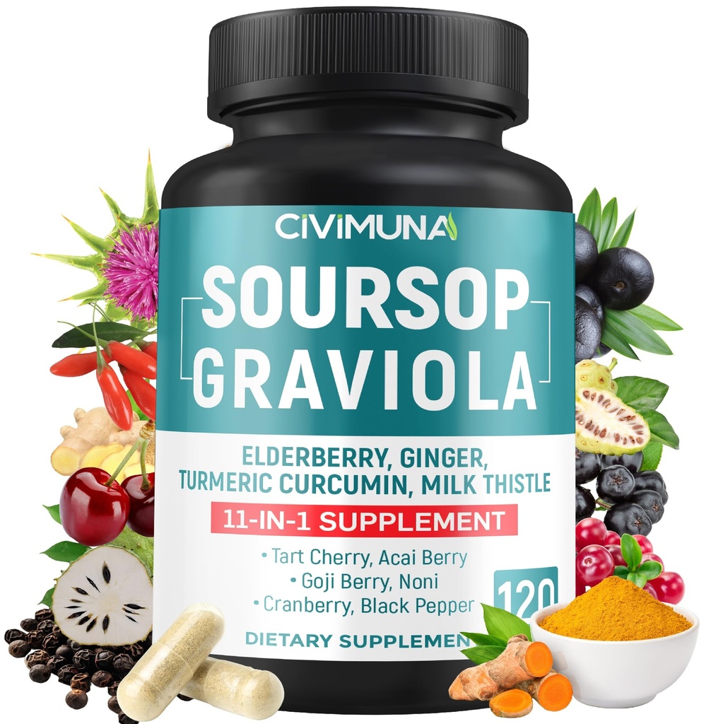 Soursop Graviola Capsules with Elderberry, Turmeric, Ginger, Milk Thistle, Tart Cherry and More - 120 Capsules for 4 Months Supply