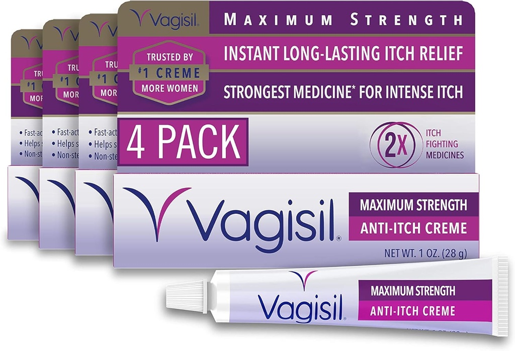 Vagisil μέγιστη δύναμη Feminine Anti-Itch Κρέμα με Benzocaine για τις γυναίκες, Βοηθά στην ανακούφιση της μόλυνσης της ζύμης Ερεθισμός, γυναικολόγος Δοκιμάζεται, ταχείας δράσης, Καταπραΰνει και δροσίζει το δέρμα, 1 oz (πακέτο των 4)