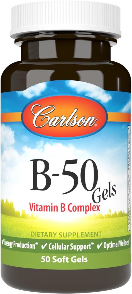 Carlson - B-50 Gels, Vitamin B Complex, Παραγωγή Ενέργειας, Κυτταρική Υποστήριξη & Βέλτιστη Ευεξία, 50 Softgels