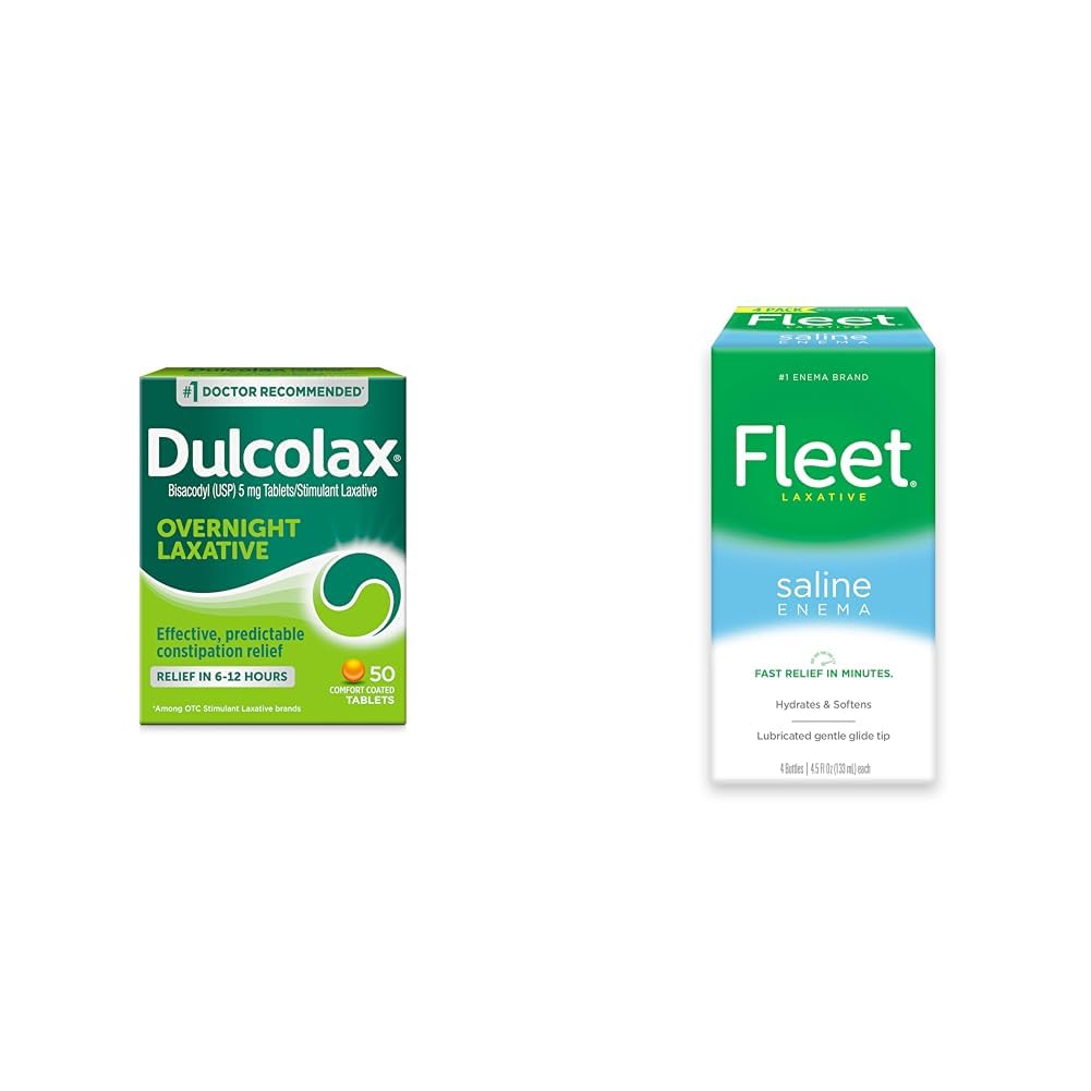Dulcolax Overnight Relief Laxative 50 Count & Stleet Saline Enema Adult Constipation Relief 4 μπουκάλια