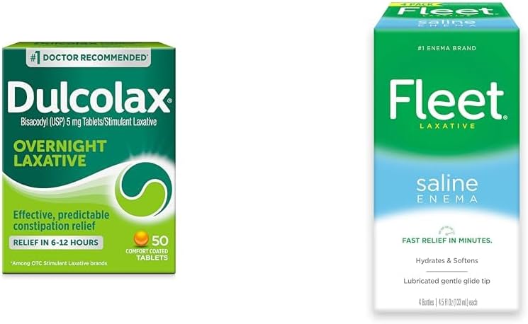 Dulcolax Overnight Relief Laxative 50 Count & Stleet Saline Enema Adult Constipation Relief 4 μπουκάλια
