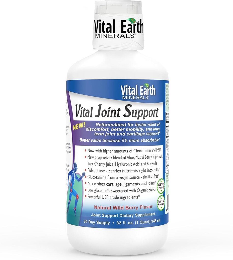 Vital Earth Liquid Joint support Supplement – Γλυκοσαμίνη, Χονδροϊτίνη, MSM Plus Υαλουρονικό οξύ, Boswellia & Fulvic Acid (70+ Trace Minerals), 32 Oz + 1 Oz Cup