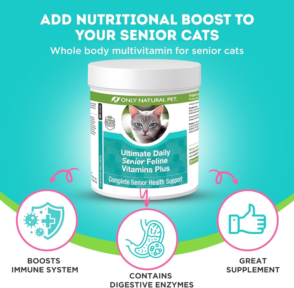 ONLY NATURAL PET Ultimate Daily Senior Feline Multivitamin w/Taurine & L-Lysine – Nutritional Supplement Powder for Adult & Older Cats – Immune & Joint Support – Complete Vitamin Formula, 3.2oz