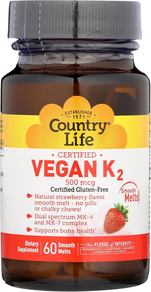 Country Life Vegan Vitamin K2, 500 mcg, Dual Spectrum MK-4 και MK-7 Complex, υποστηρίζει την υγεία των οστών και των δοντιών, 60 μασώμενα δισκία, γεύση φράουλας