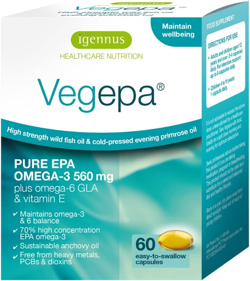 Igennus Vegepa Omega 3 Wild Fish Oil & Evening Primrose Oil Blend, 560 mg EPA Plus GLA, 60 Small Softgels