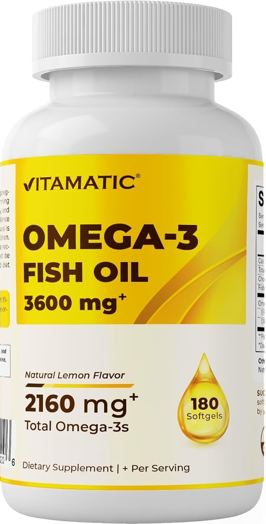 Vitamatic Triple Strength Omega 3 Fish Oil 3600mg ανά υπηρεσία, 2160mg Ωμέγα 3 Λιπαρά Οξέα, 1296mg EPA + 864mg DHA, Burpless Lemon Flavor, 180 Softgels