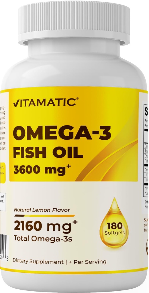 Vitamatic Triple Strength Omega 3 Fish Oil 3600mg ανά υπηρεσία, 2160mg Ωμέγα 3 Λιπαρά Οξέα, 1296mg EPA + 864mg DHA, Burpless Lemon Flavor, 180 Softgels