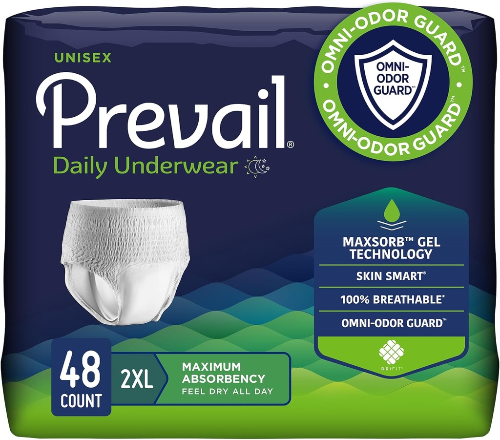 Prevail Daily Protective Εσώρουχα - Unisex Ενηλίκων Ακράτεια Εσώρουχα - Disposable Adult Diaper for Men & Women - Μέγιστη Απορρόφηση - XX-Large - 12 Count (Pack of 4)