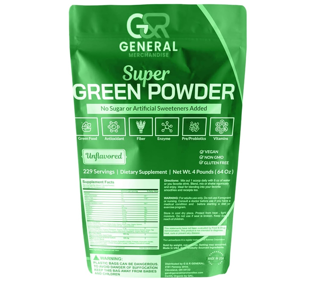 Super Greens Powder Superfood Organic, 229 Servings Digestive Enzymes, Probiotics & Vitamins Λαχανικά (Wheatgrass, Spirulina & more), Φρούτα, 4 Λίρες(64oz).