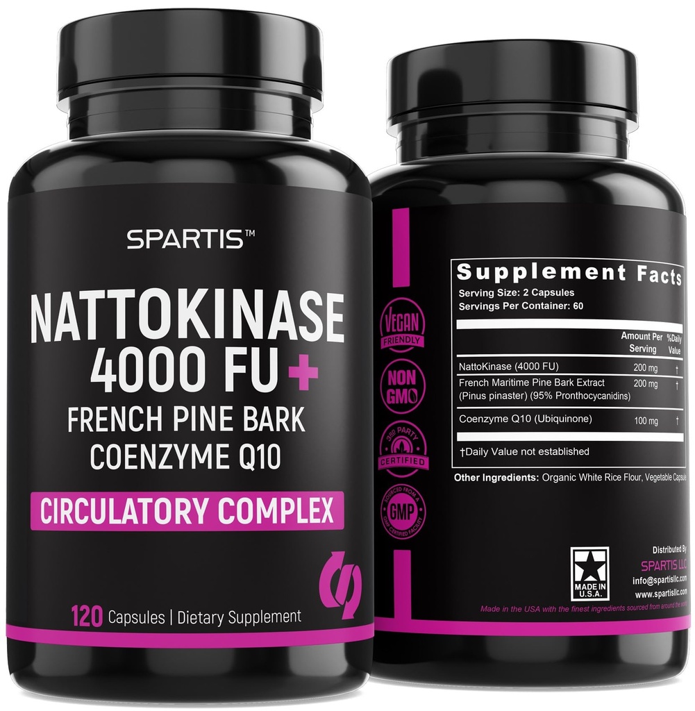 Nattokinase συμπλήρωμα 4000 FU CoQ10 100mg Γαλλικό Maritime Pine Bark Extract 200mg με Ένζυμα για Κυκλοφορική & Καρδιαγγειακή Υποστήριξη (Pack of 1 at 120-Caps)