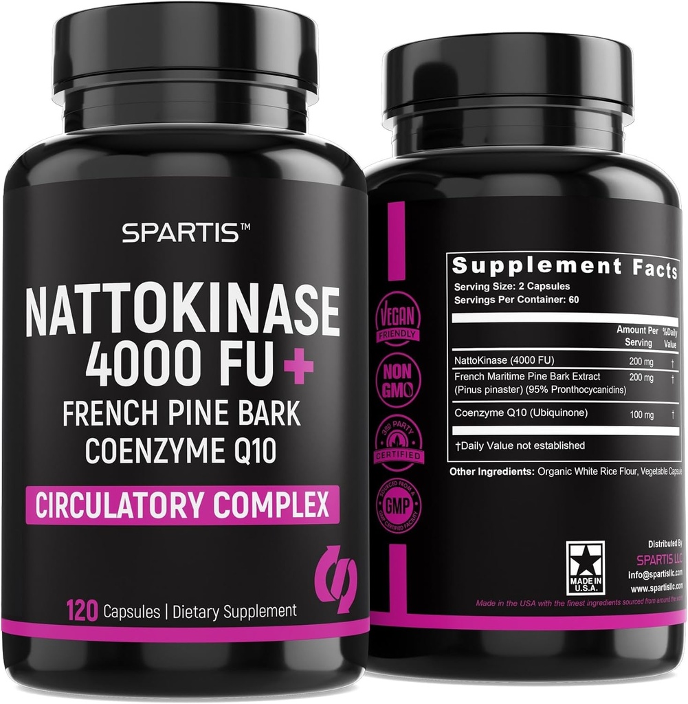 Nattokinase συμπλήρωμα 4000 FU CoQ10 100mg Γαλλικό Maritime Pine Bark Extract 200mg με Ένζυμα για Κυκλοφορική & Καρδιαγγειακή Υποστήριξη (Pack of 1 at 120-Caps)
