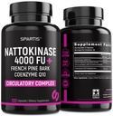 Nattokinase συμπλήρωμα 4000 FU CoQ10 100mg Γαλλικό Maritime Pine Bark Extract 200mg με Ένζυμα για Κυκλοφορική & Καρδιαγγειακή Υποστήριξη (Pack of 1 at 120-Caps)