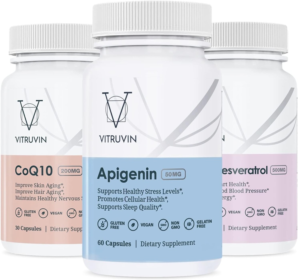 Vitruvin Sport Recovery (Apigenin 2 x 50mg, COQ10 200mg, Resveratrol 500mg) Vegan, μη ΓΤΟ, Χωρίς γλουτένη, χωρίς γλουτένη.
