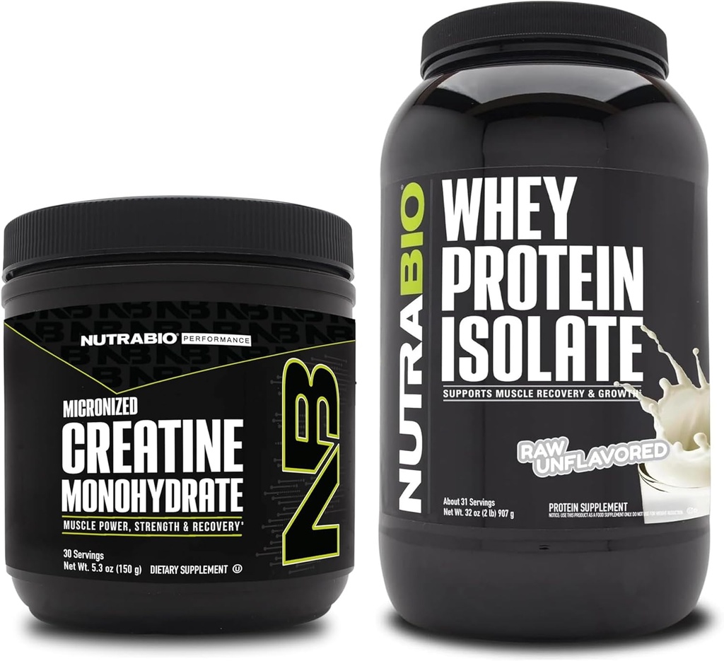 NutraBio Creatine Monohydrate, Unflavored, 150g και Whey Protein Isolate, Unflaved, συμπλήρωμα Bundle - μυϊκή ενέργεια, Lean μυϊκή ανάπτυξη, ανάκτηση, και δύναμη