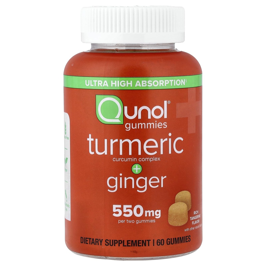 Qunol Turmeric και Ginger Gummies, Gummy με 500mg Turmeric + 50mg Ginger, Κοινό συμπλήρωμα υποστήριξης, Ultra High Absorption Tumeric and Ginger, Vegan, Gluten Free, 1 Μήνας Προσφορά 60ct Gummies