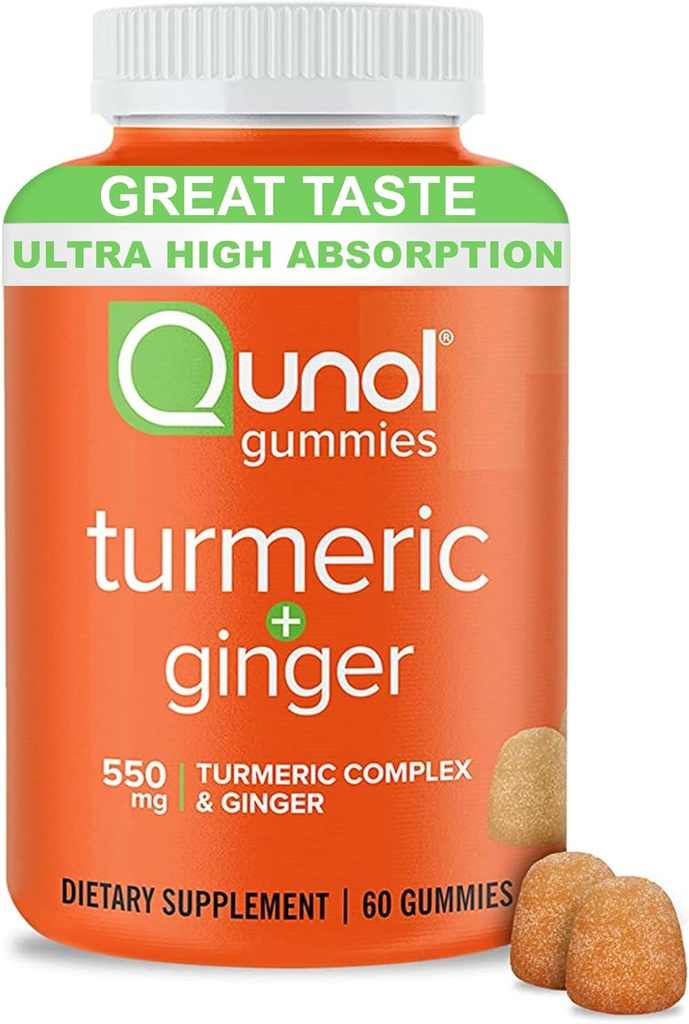 Qunol Turmeric και Ginger Gummies, Gummy με 500mg Turmeric + 50mg Ginger, Κοινό συμπλήρωμα υποστήριξης, Ultra High Absorption Tumeric and Ginger, Vegan, Gluten Free, 1 Μήνας Προσφορά 60ct Gummies