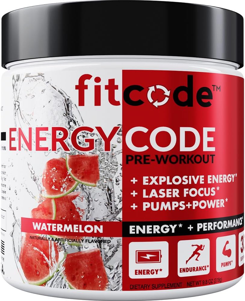 fitcode EnergyCode - Pre Workout with Creatine Powder - Energy & Performance Drink - Muscle Strength & Endurance Supplement - Contains Caffeine - 30 Servings - Watermelon