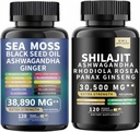 Sea Moss και shilajit Sea Moss Black Seed Oil Ashwagandha Ginger&shilajit rhodiola rosea panax Ginseng (120 κόμης (πακέτο του 2))