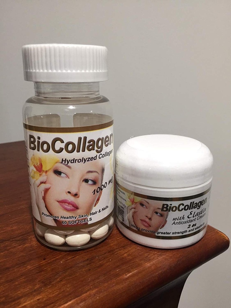 Σετ Bio Collagen Hydrolyzed Collagen softgels (1000 mg) & BioCollagen με Elastin Antioxidant Cream 2 oz (Promotes Healthy Skin Hair and Nails)