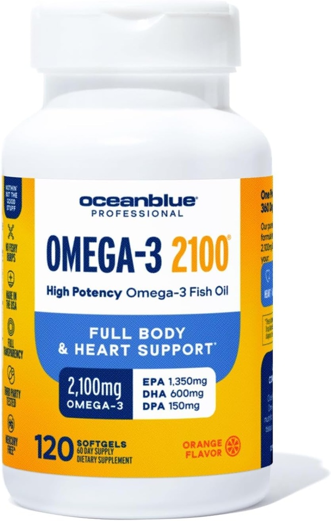 Oceanblue Professional Omega-3 2100-120 ct - Τριπλή δύναμη υψηλής αντοχής Burpless Fish Oil με EPA, DHA & DPA - Άγρια πιάστηκε - Πορτοκαλί Γεύση, 60 εξυπηρετούν