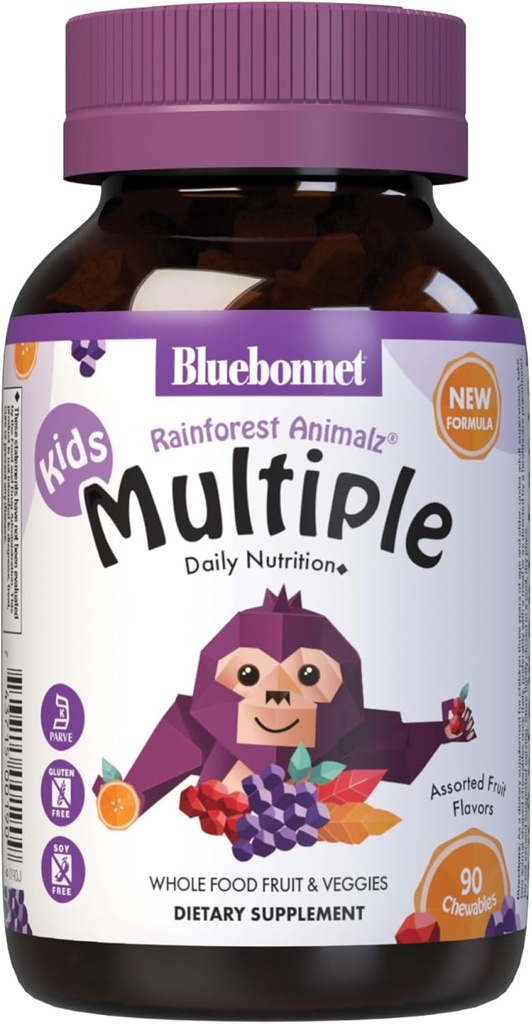 Bluebonnet Nutrition Rainforest Animalz Ολόκληρα τα τρόφιμα με βάση πολλαπλά μασώμενα δισκία, παιδιά πολυβιταμίνη & ορυκτά, βιταμίνη C, D3, σίδηρος, χωρίς γλουτένη, γάλα χωρίς, Kosher, 90 Μασώμενα δισκία, μικτή γεύση