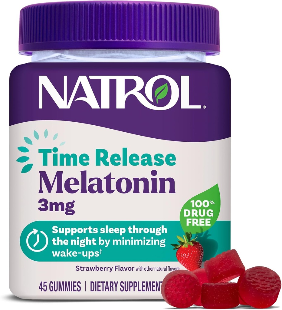 Natrol Time Release Μελατονίνη Gummies, Υποστήριξη ύπνου για ενήλικες, 3 mg Μελατονίνη Συμπληρώματα για Υποστήριξη ύπνου, 45 Φράουλα-Flavored Gummies, Μέχρι 45 ημέρες προσφοράς