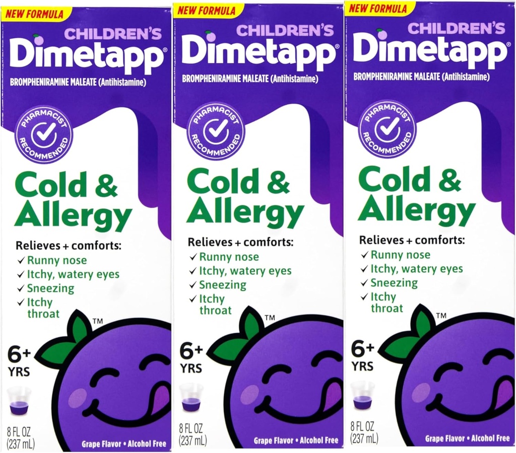 Παιδικό Dimetapp® Ψυχρό & Αλλεργικό Υγρό – Αρωματικό σταφυλιού, Χωρίς αλκοόλ, 8 fl oz - 3 Pack