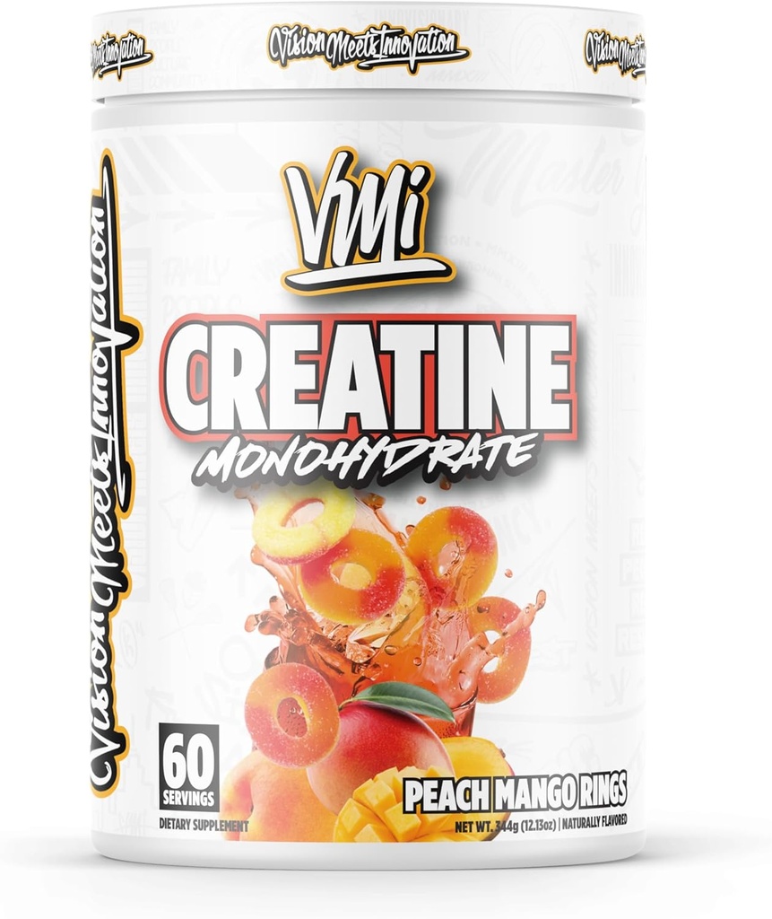 VMI Sports Creatine Monohydrate Powder Muscle Mass – Strength – Size – Power | 5 Grams per Serving (60 Servings, Peach Mango Rings)