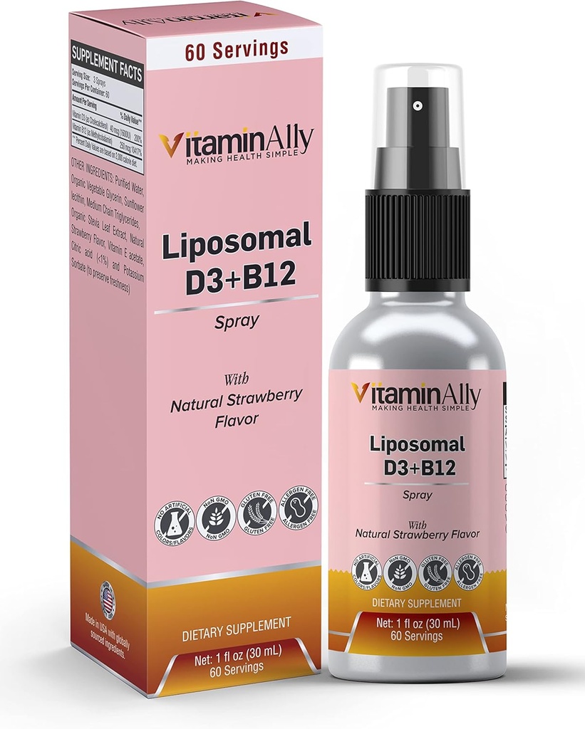 Liposomal Liquid Vitamin D3 + Vitamin B12 Spray |2 Month Supply|1 fl oz|Non-GMO |Sugar Free|Travel Friendly|Immune Support, Bone Health, Supports Energy, Brain Function