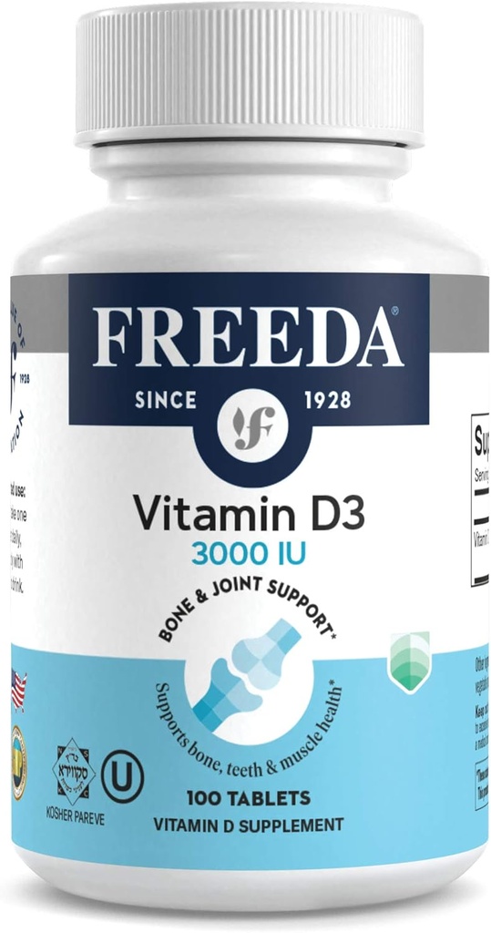 FREEDA Vitamin D3-3000 IU - Pure High Potency Kosher Supplement Tablets - Bone and Muscle Health, Calcium Absorption, Immune Support for Men and Women* - 100 Tiny Tablets