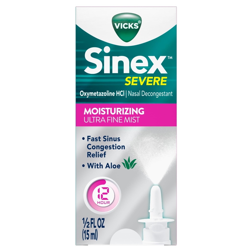 Vicks Sinex Severe Nasal Spray with Moisturizing Ultra Fine Mist, Decongestant for Stuffy Nose Relief from Cold, Allergy, Sinus Pressure - 265 Sprays