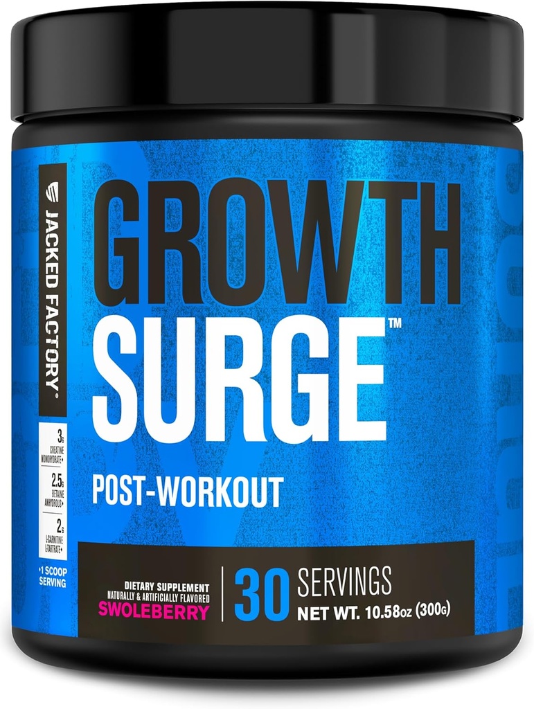 Jacked Factory Growth Surge Creatine Post Workout w/L-Carnitine - Daily Mus Builder & Recovery Supplement with Creatine Monohydrate, Betaine, L-Carnitine L-Tartrate - 30 Servings, Swoleberry