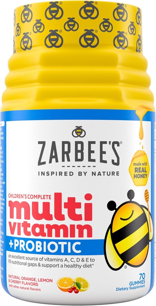 Zarbee's Kid's Complete Multivitamin + Probiotic Gummies with Vitamins A B C D E & zinc for Digestive Health Easy To Chew Kids Daily Multivitamin Gummies Natural Fruit 70 Count