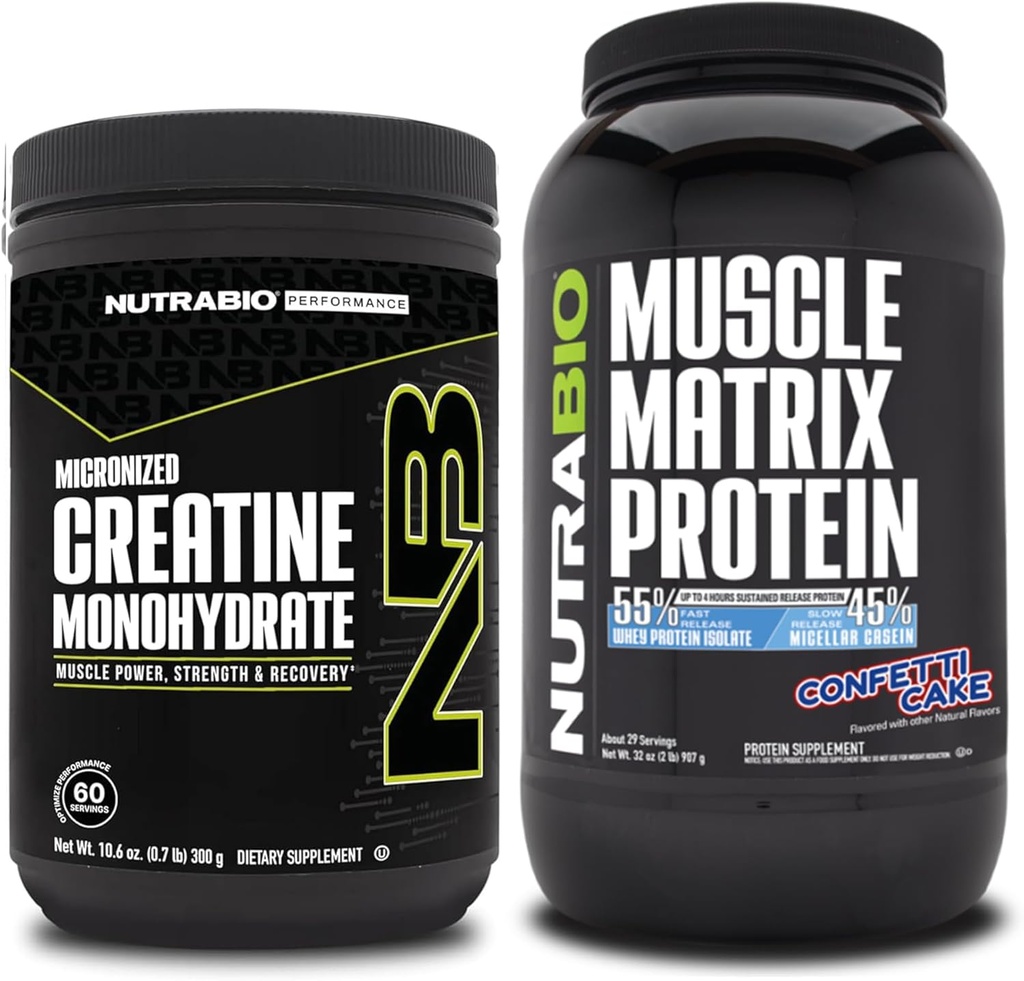 NutraBio Creatine Monohydrate, Unflavored, (300 g) και μυική Matrix Protein Powder, (Confetti Cake) συμπλήρωμα Bundle – μυϊκή ενέργεια, μέγιστη ανάπτυξη, ανάκτηση, και δύναμη