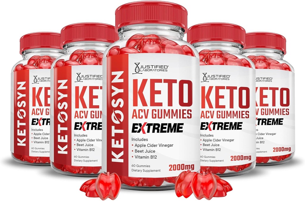 Justified Laboratories (5 Pack Ketosyn Keto ACV Gummies Extreme 2000MG Ketosyn Keto Gummies Apple Cider Vinegar Formed with Pomegranate Beet Juice Powder B12 Vegan Non GMO 300 Gummys